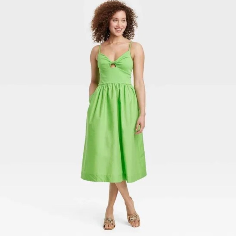 A New Day Keyhole Twist Front Cotton Knit Ballet Midi Green Sundress Medium New